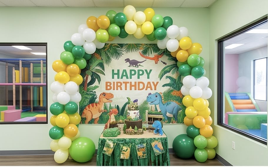 Finished dinosaur party setup
